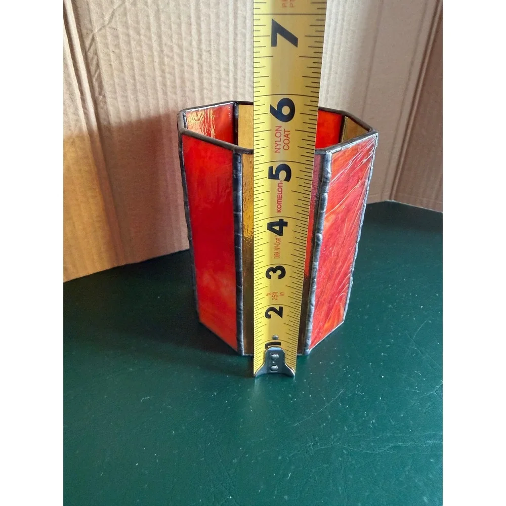 Vintage Stained Glass Octagon Candle Holder Orange Amber Slag Glass Planter